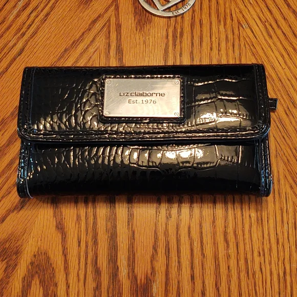 Liz Claiborne Vegan Patent Leather Purse, Wallet, Keychain Set Black - Picture 4 of 16